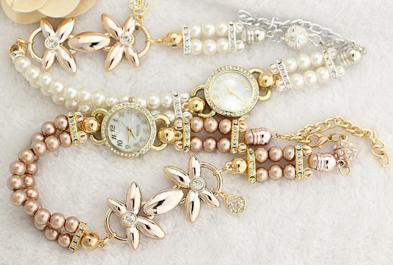 GettyGetty™Luxury Pearl Bracelet Wristwatch Elegant Flowers Rhinestone