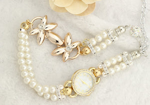 GettyGetty™Luxury Pearl Bracelet Wristwatch Elegant Flowers Rhinestone